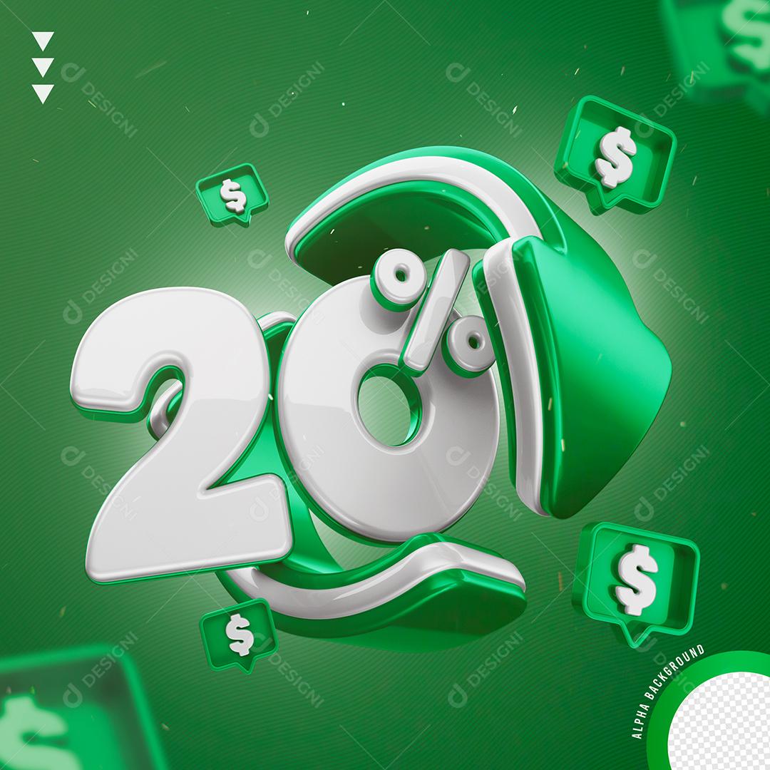 Elemento 3D 20% Por Cento Branco e Verde para Composição PNG Transparente Sem Fundo