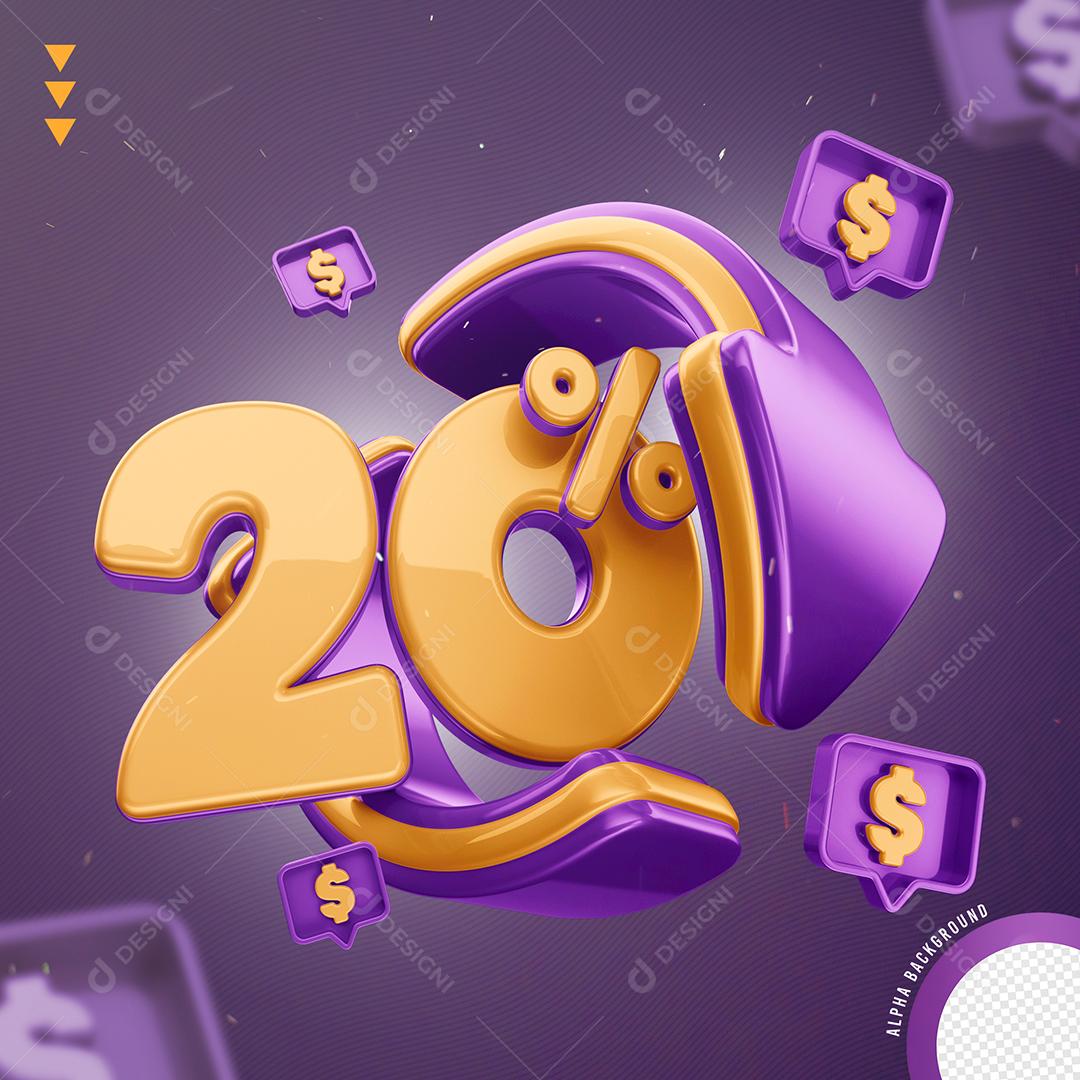 Elemento 3D 20% Por Cento Laranjado e Roxo para Composição PNG Transparente Sem Fundo
