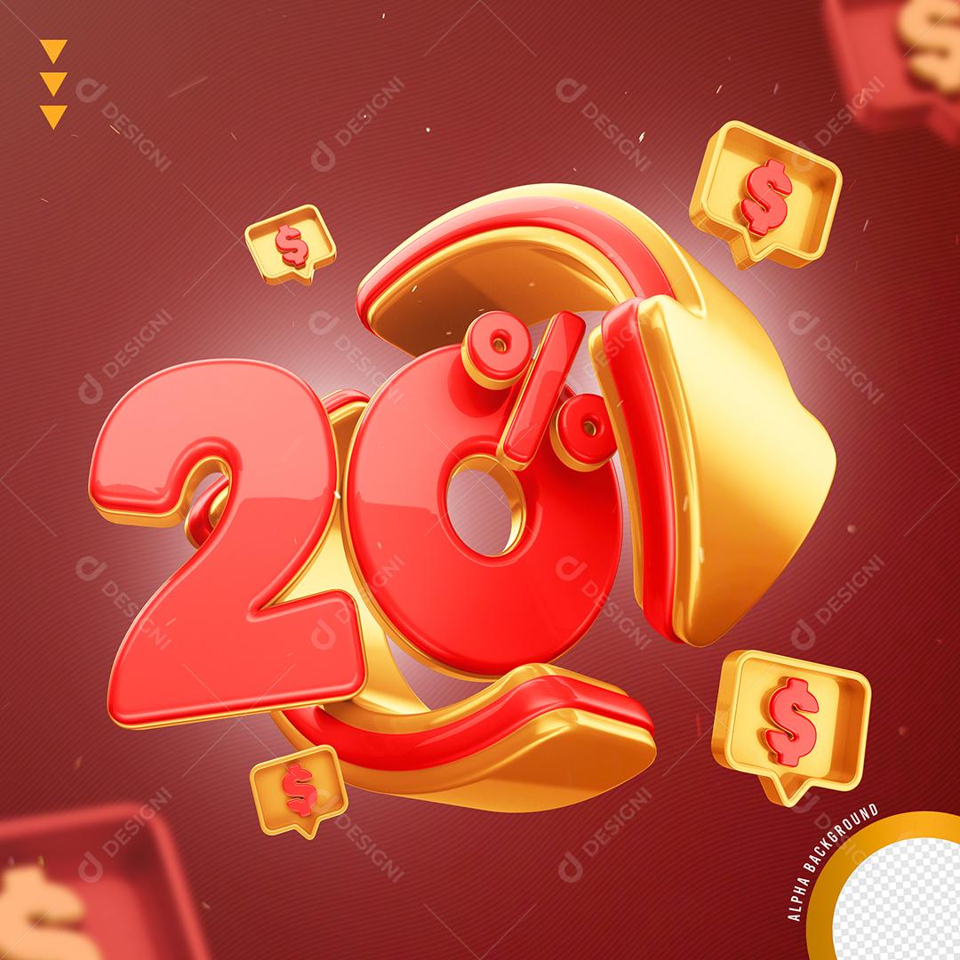 Elemento 3D 20% Por Cento Vermelho e Dourado para Composição PNG Transparente Sem Fundo