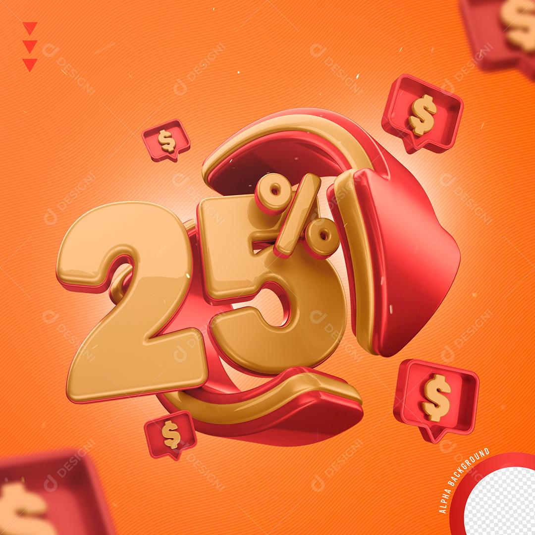 Elemento 3D 25% Por Cento Laranjado e Vermelho para Composição PNG Transparente Sem Fundo
