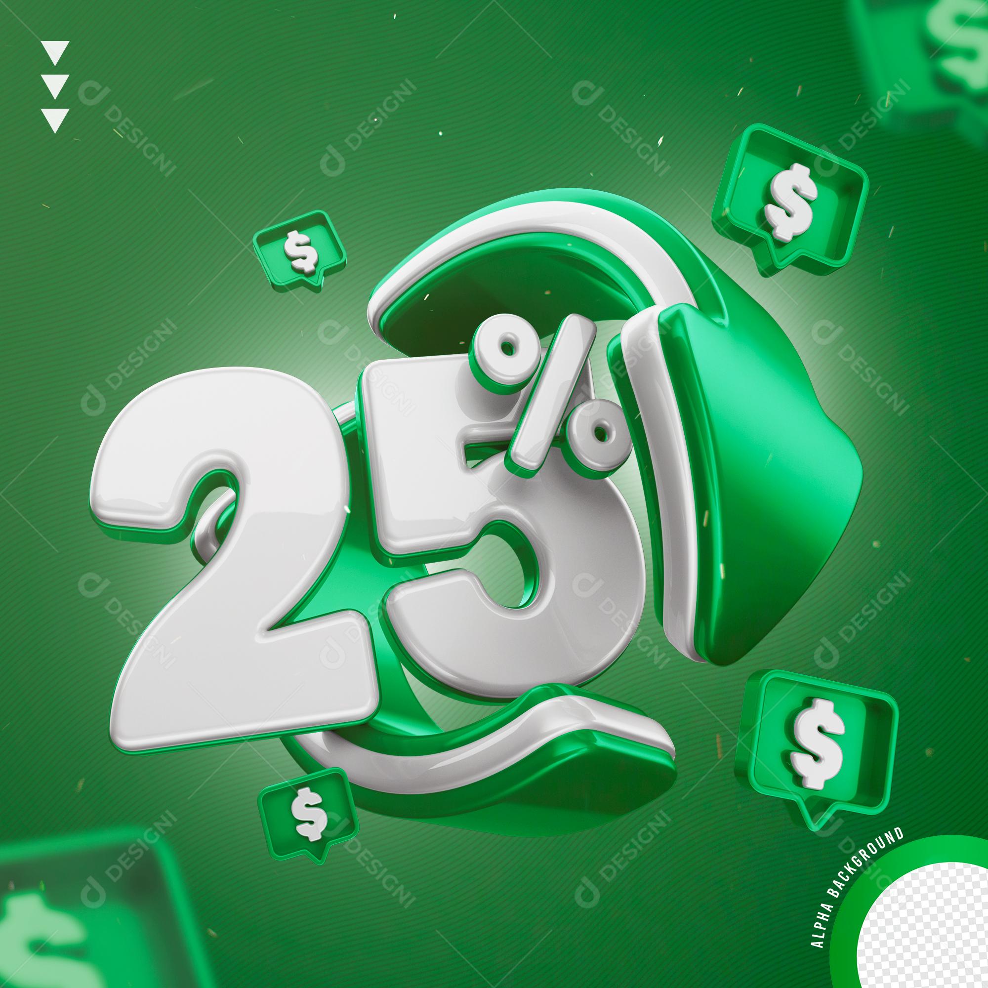 Elemento 3D 25% Por Cento Branco e Verde para Composição PNG Transparente Sem Fundo