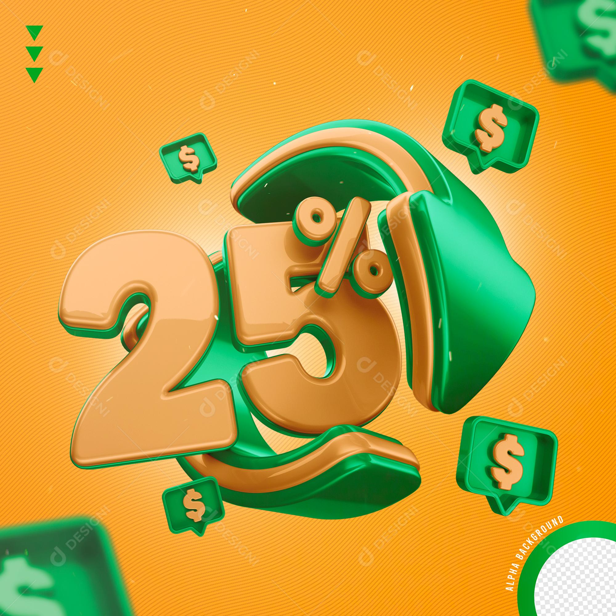 Elemento 3D 25% Por Cento Laranjado e Verde para Composição PNG Transparente Sem Fundo