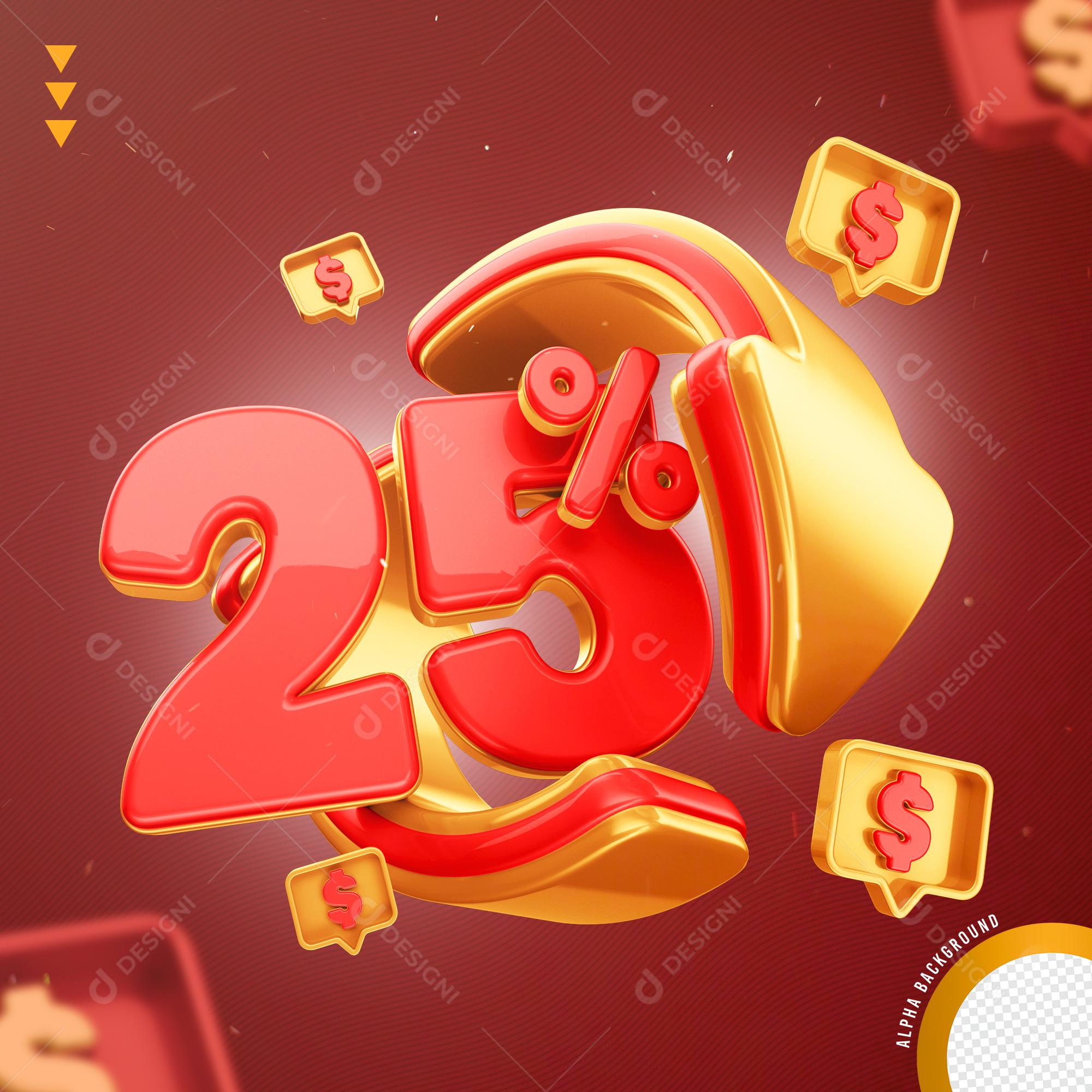 Elemento 3D 25% Por Cento Vermelho e Dourado para Composição PNG Transparente Sem Fundo