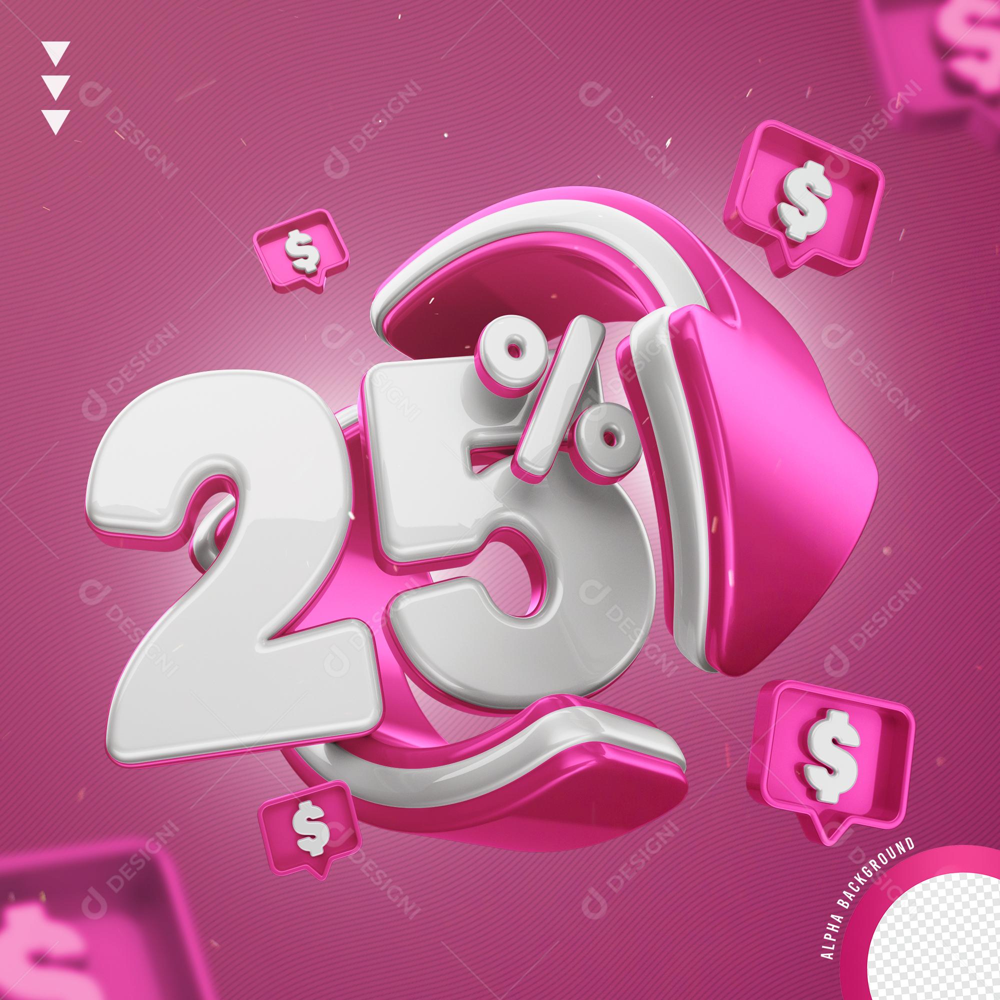 Elemento 3D 25% Por Cento Branco e Rosa para Composição PNG Transparente Sem Fundo