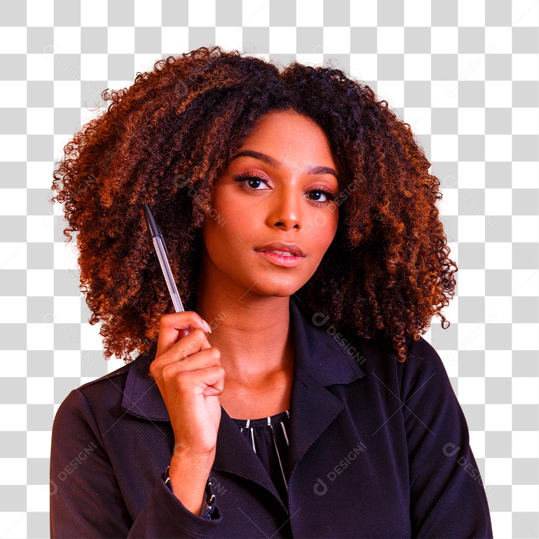 mulher de negócios segurando uma caneta pensativa. Conceito de novos projetos