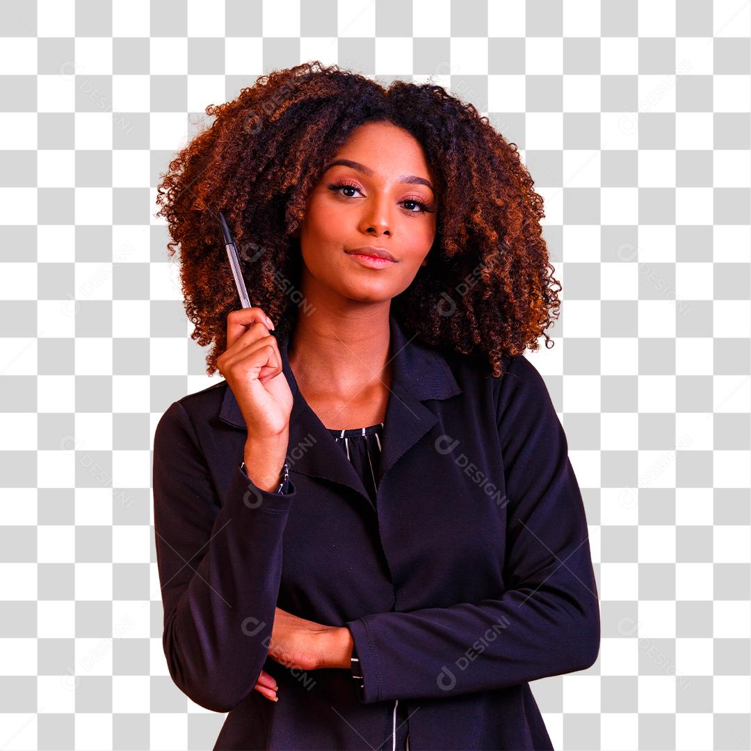 mulher de negócios segurando uma caneta pensativa