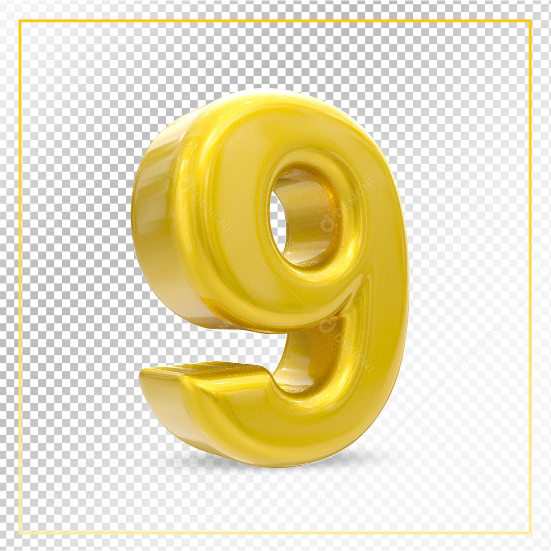 Número 9 Dourado 3D Para composição PSD