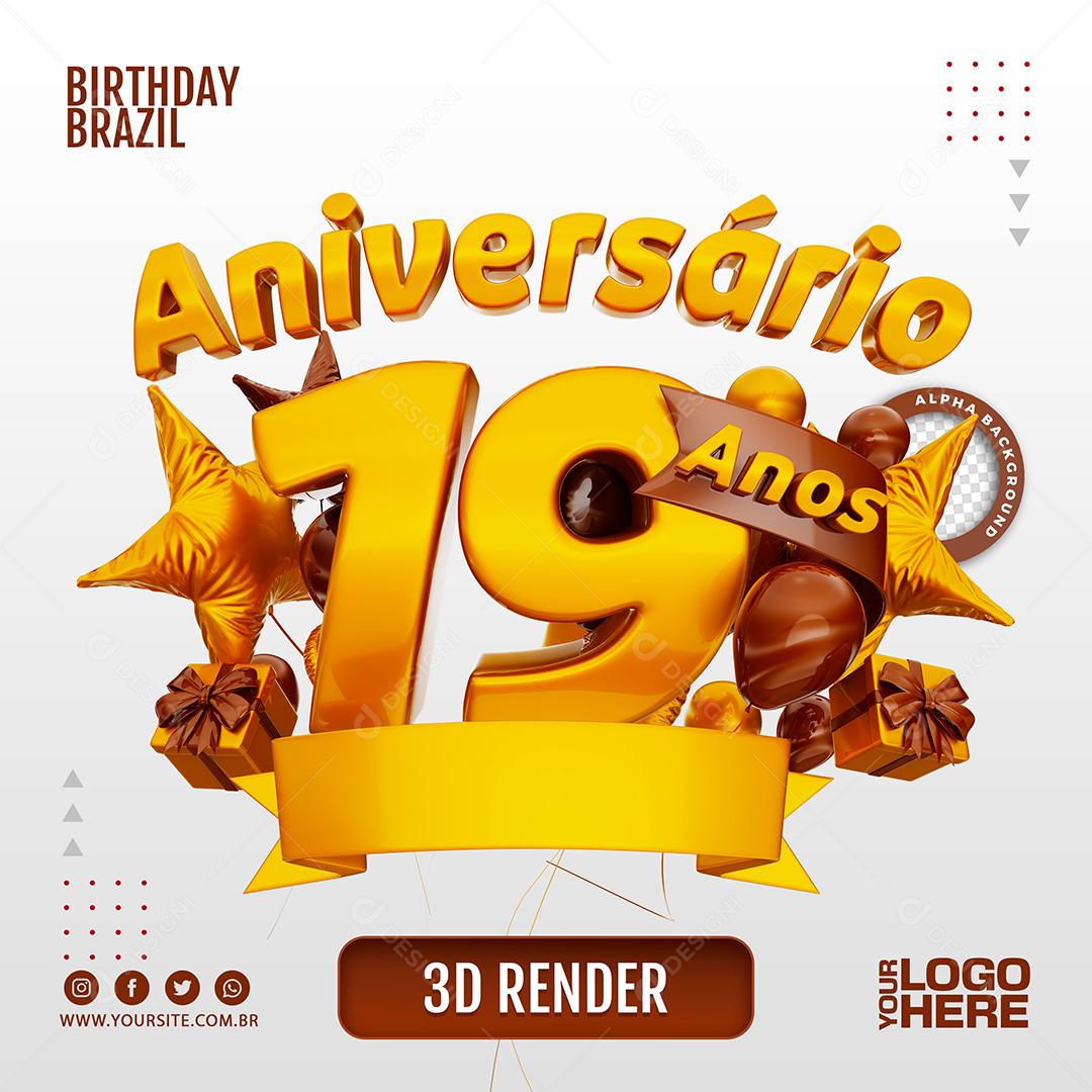 Aniversário 19 Anos Selo 3D Marom Escuro para Composição PSD