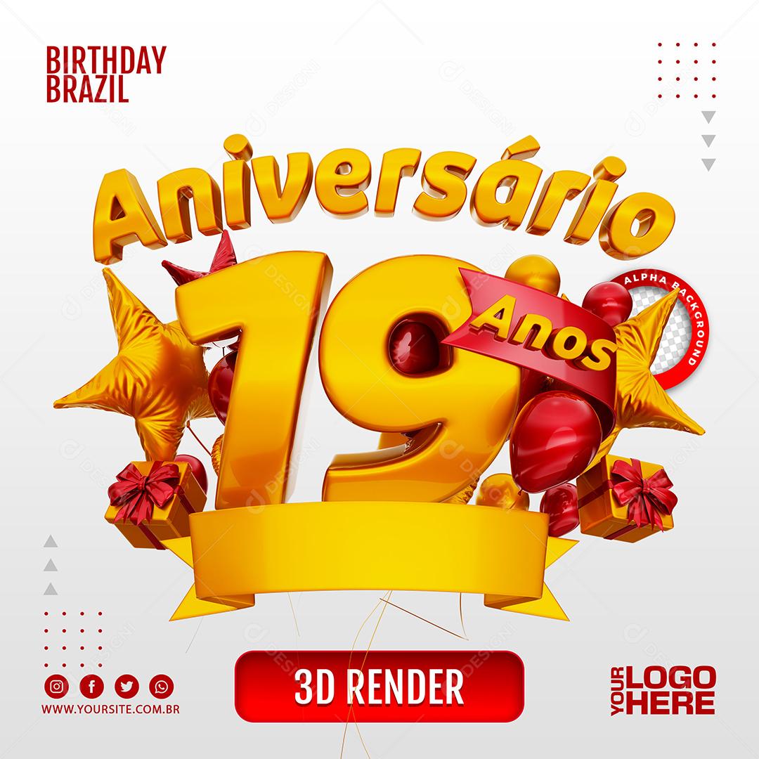 Aniversário 19 Anos Selo 3D Vermelho para Composição PSD