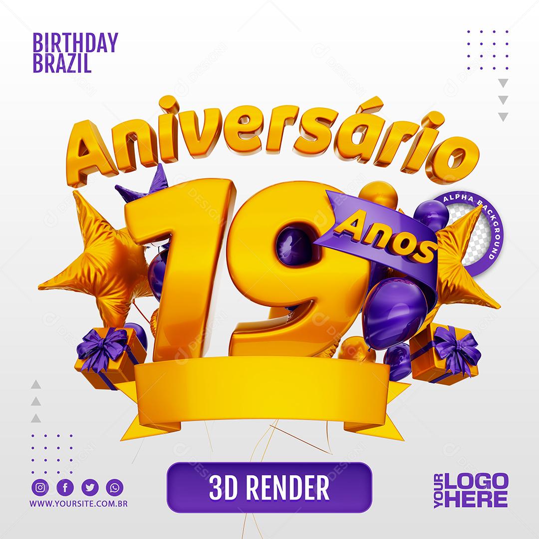 Aniversário 19 Anos Selo 3D Roxo para Composição PSD