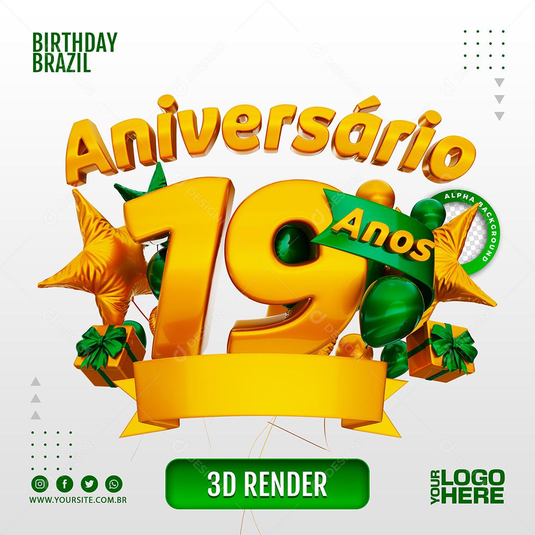 Aniversário 19 Anos Selo 3D Verde para Composição PSD