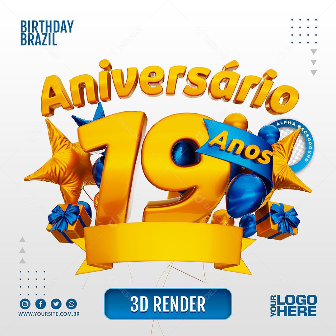 Aniversário 19 Anos Selo 3D Azul Escuro para Composição PSD