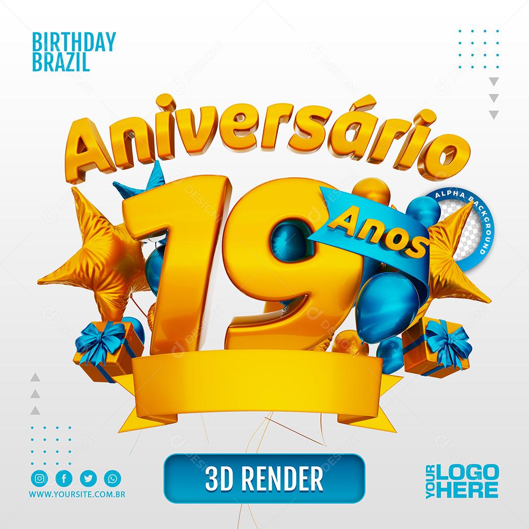 Aniversário 19 Anos Selo 3D Azul Claro para Composição PSD