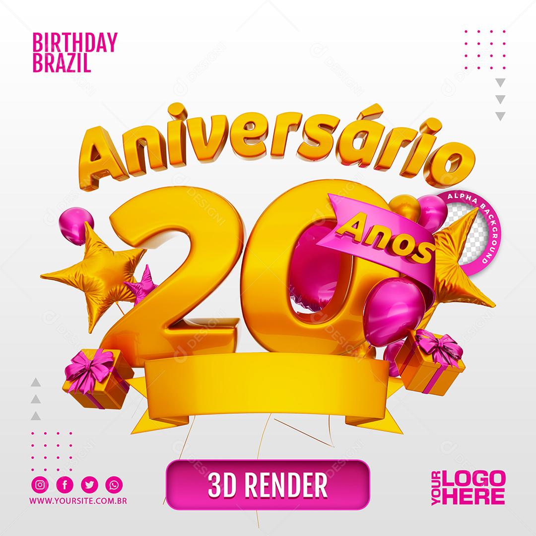 Aniversário 20 Anos Selo 3D Rosa para Composição PSD