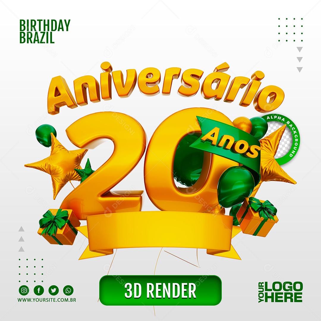 Aniversário 20 Anos Selo 3D Verde para Composição PSD