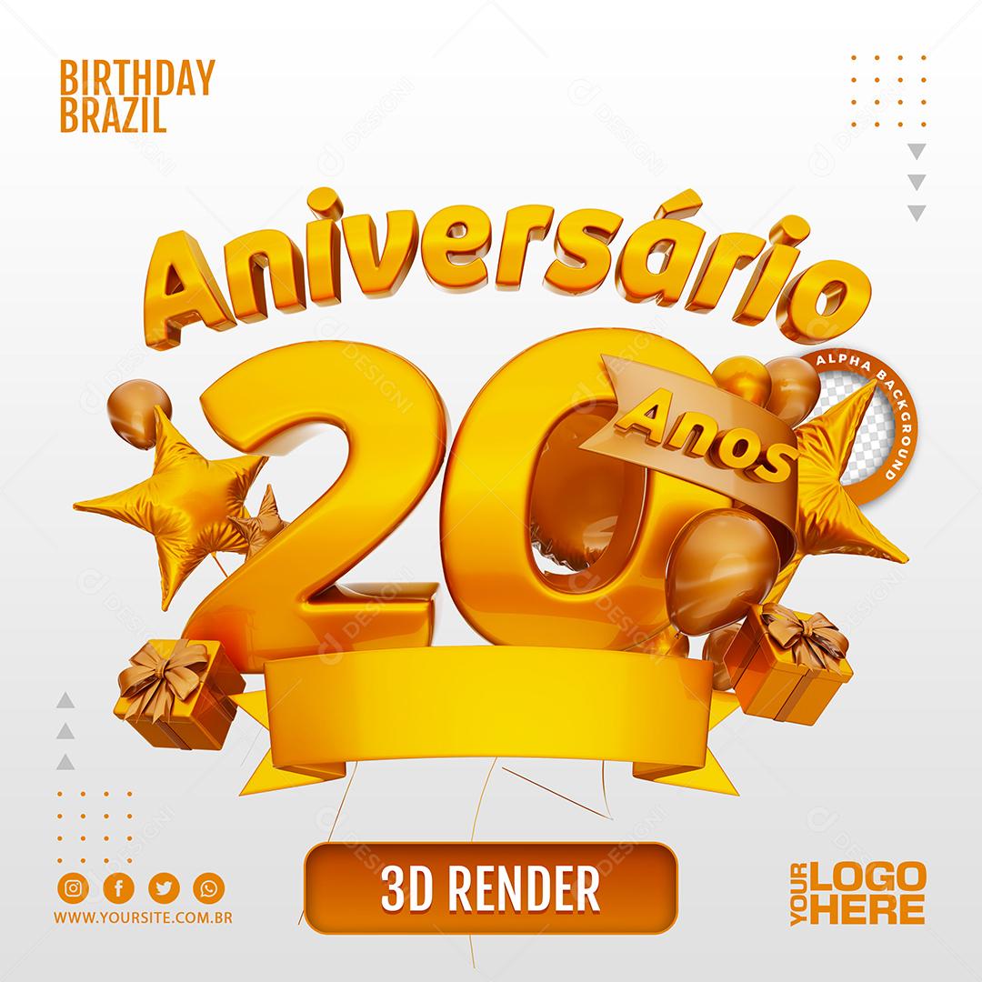 Aniversário 20 Anos Selo 3D Marom Claro para Composição PSD