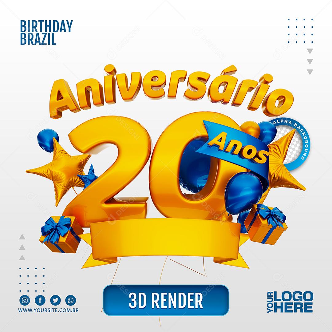 Aniversário 20 Anos Selo 3D Azul Escuro para Composição PSD