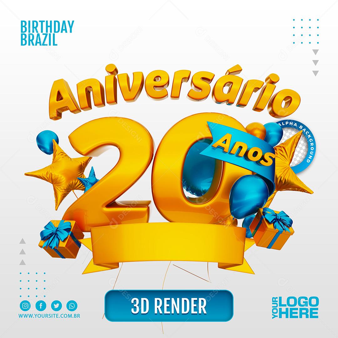 Aniversário 20 Anos Selo 3D Azul Claro para Composição PSD