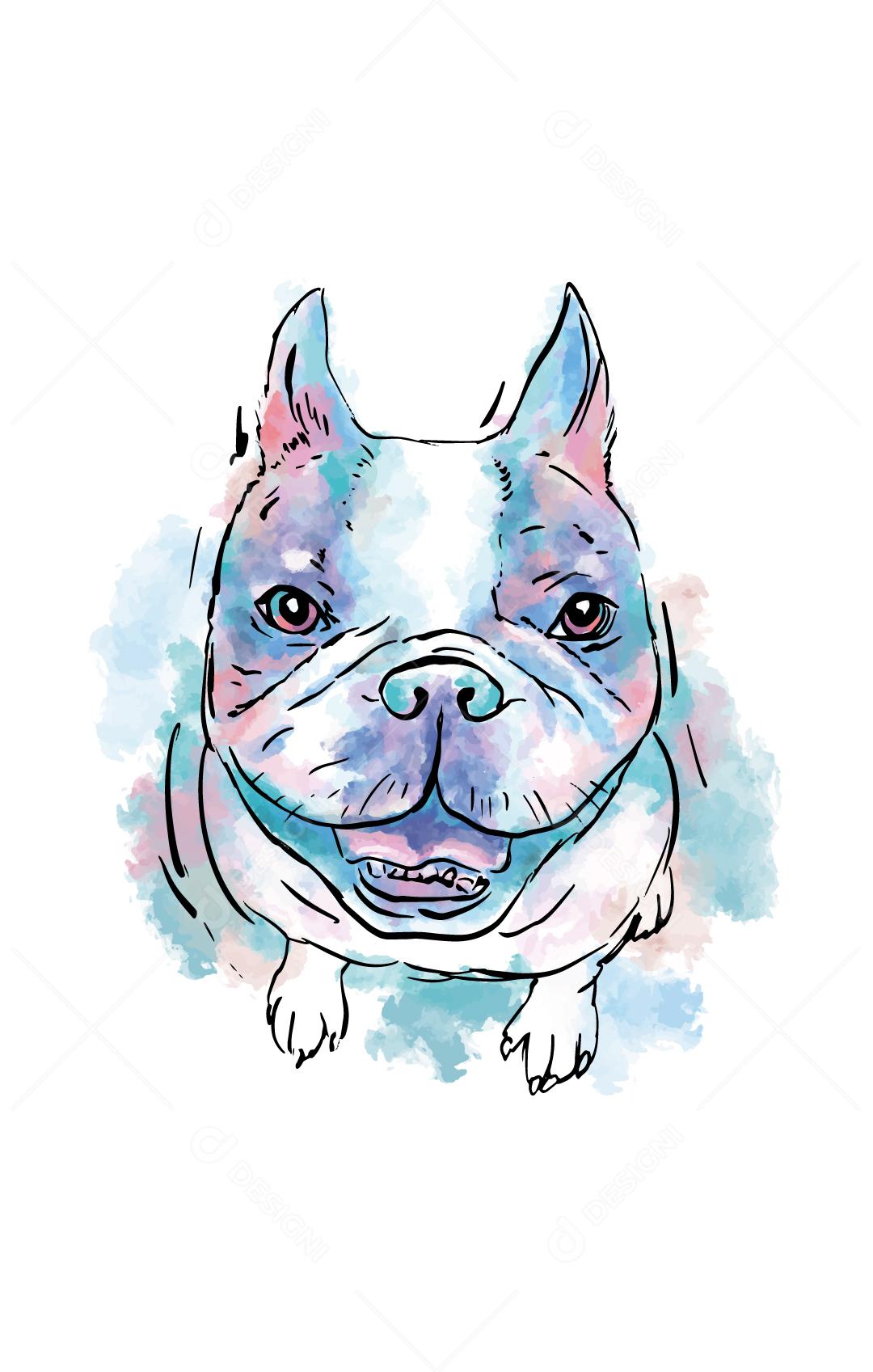 Pet Buldogue Francês pintado colorido em aquarela e desenho sobre fundo branco