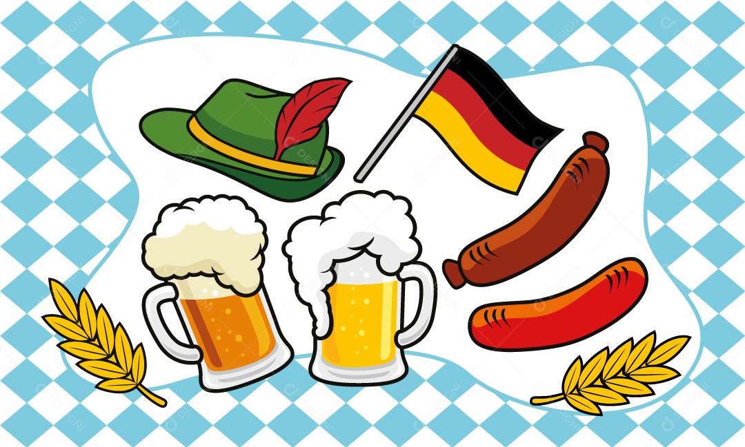 Elementos vetorial Oktoberfest e adereços em fundo xadrez azul