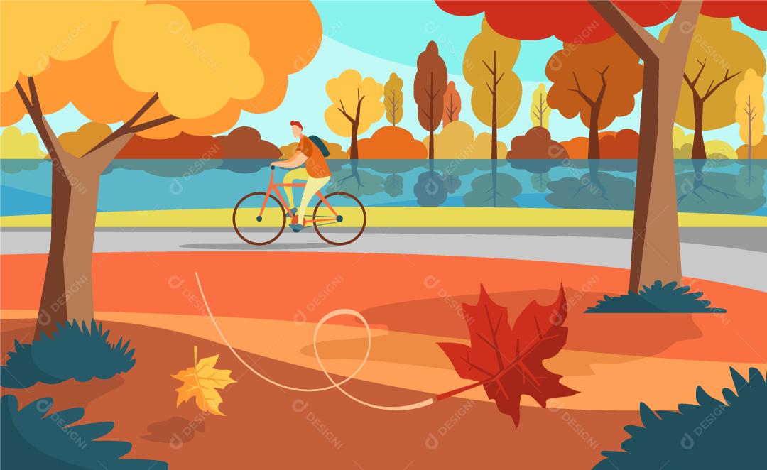 Paisagem de outono ilustração de jovem passeado com sua bicicleta Vetor EPS