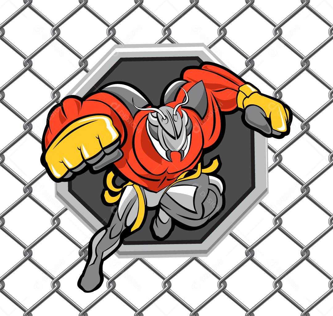 Mascote de homem formiga com fundo de grade de octógono de arena de combate