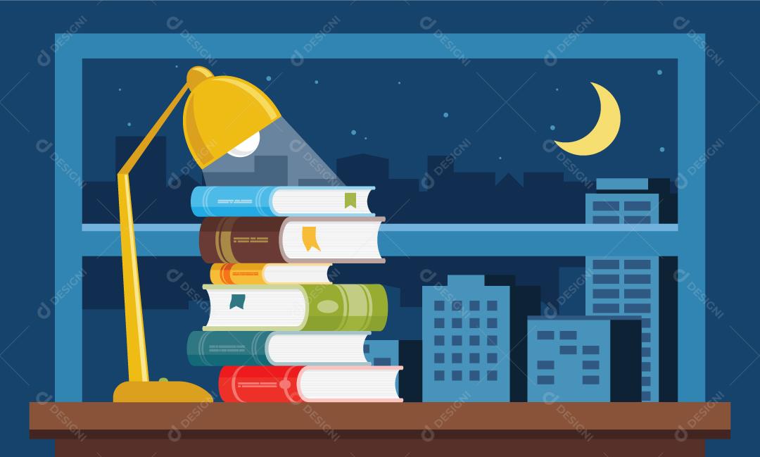 Livros de estudo empilhados sobre a mesa em casa com iluminação e janela com vista noturna