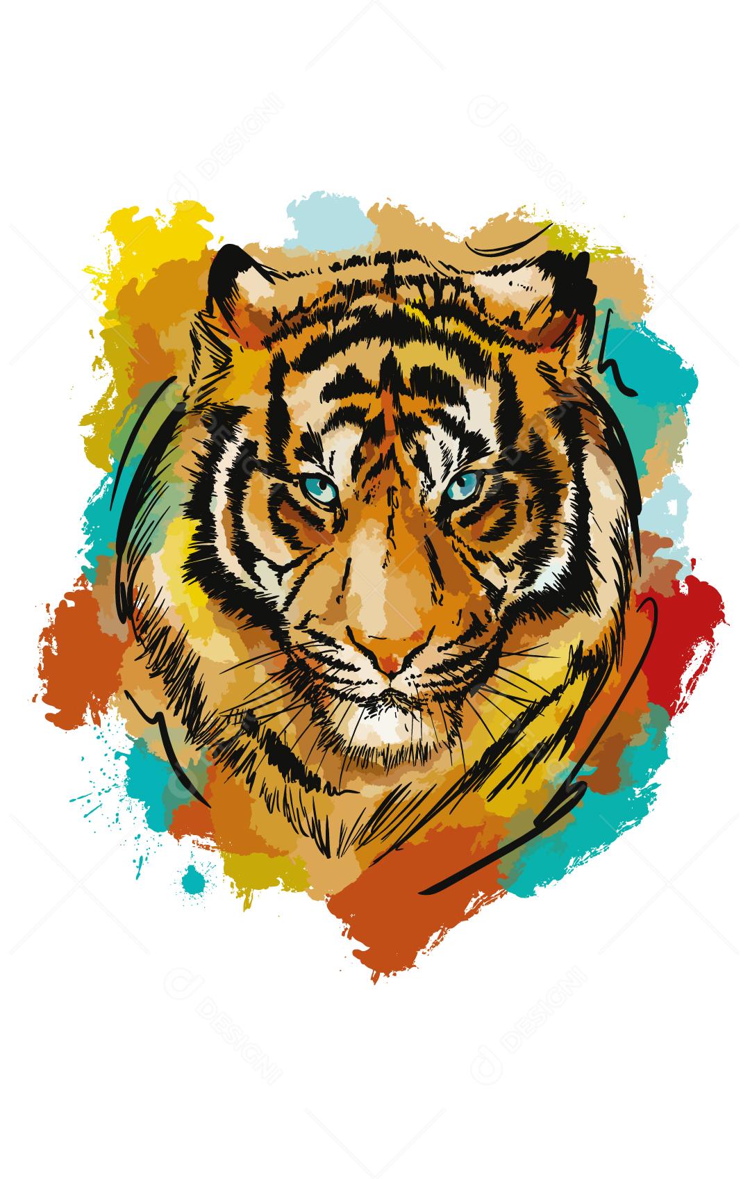 Cara Pintada Colorida do Leão na Aguarela e Esboço