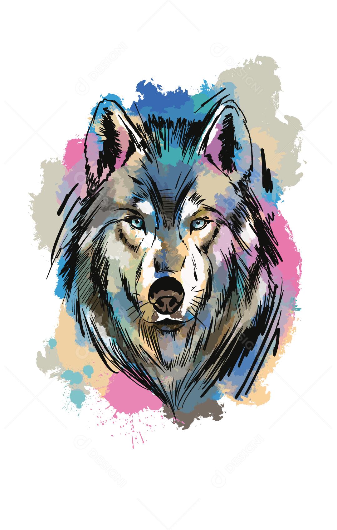 Cara Pintada Colorida do Lobo na Aquarela e Esboço