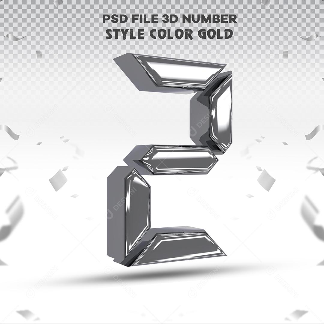Número 3D 2 Prata Para composição PSD