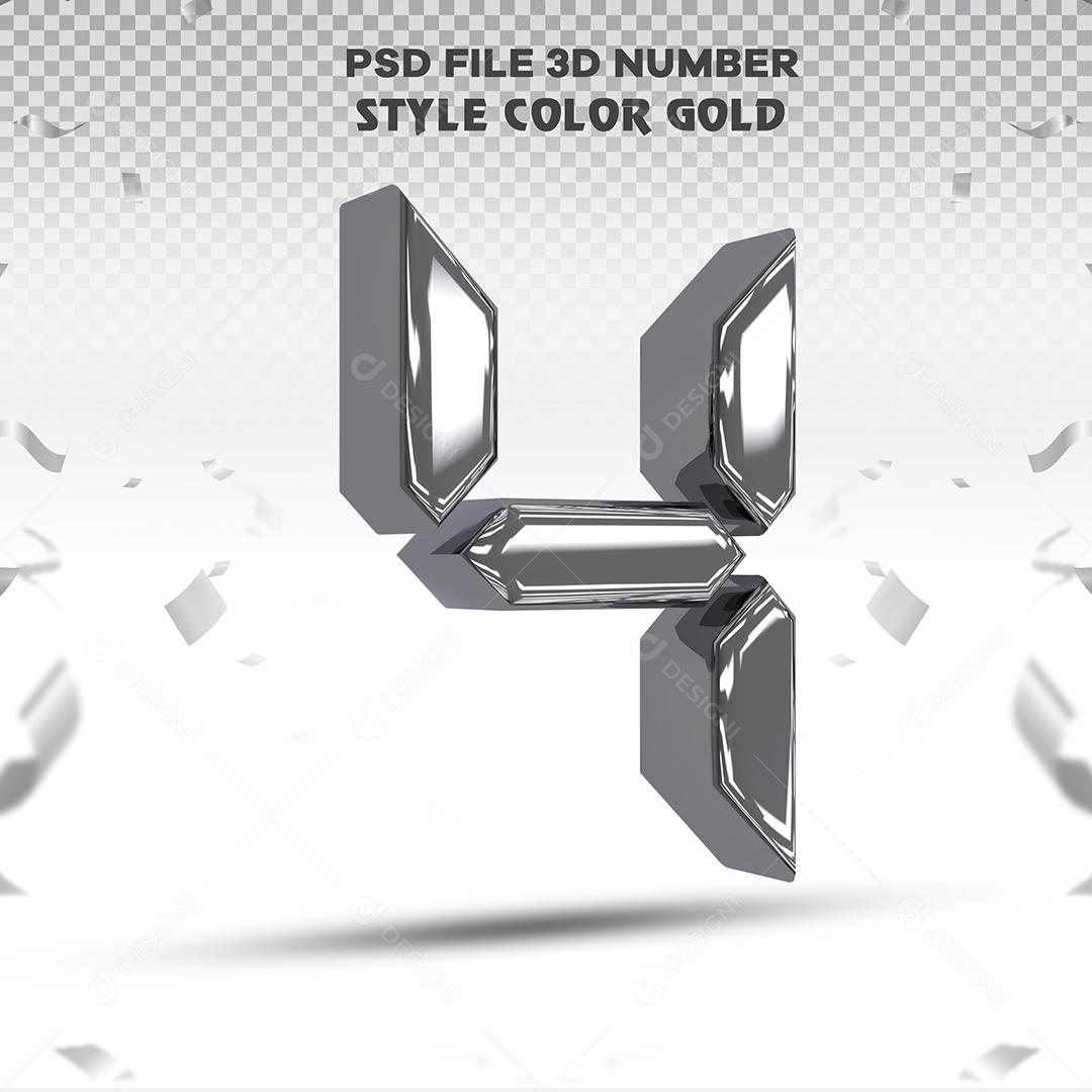 Número 3D 4 Prata Para composição PSD