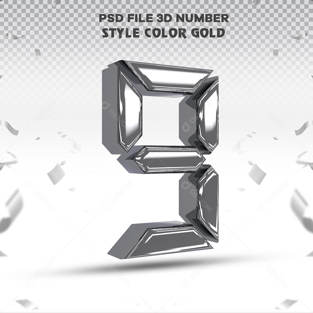 Número 3D 9 Prata Para composição PSD