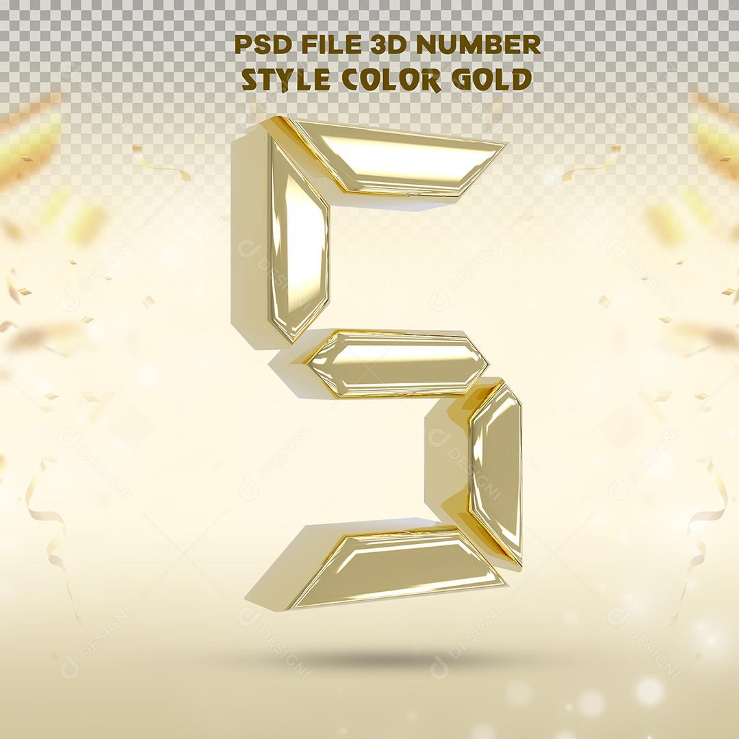 Número 3D 5 Dourado Para composição PSD