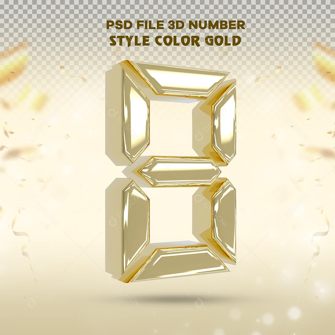 Número 3D 8 Dourado Para composição PSD