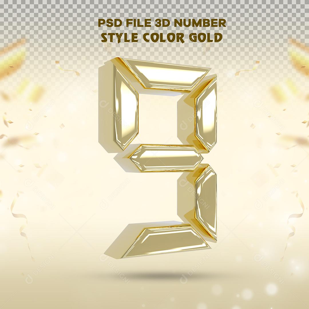 Número 3D 9 Dourado Para composição PSD