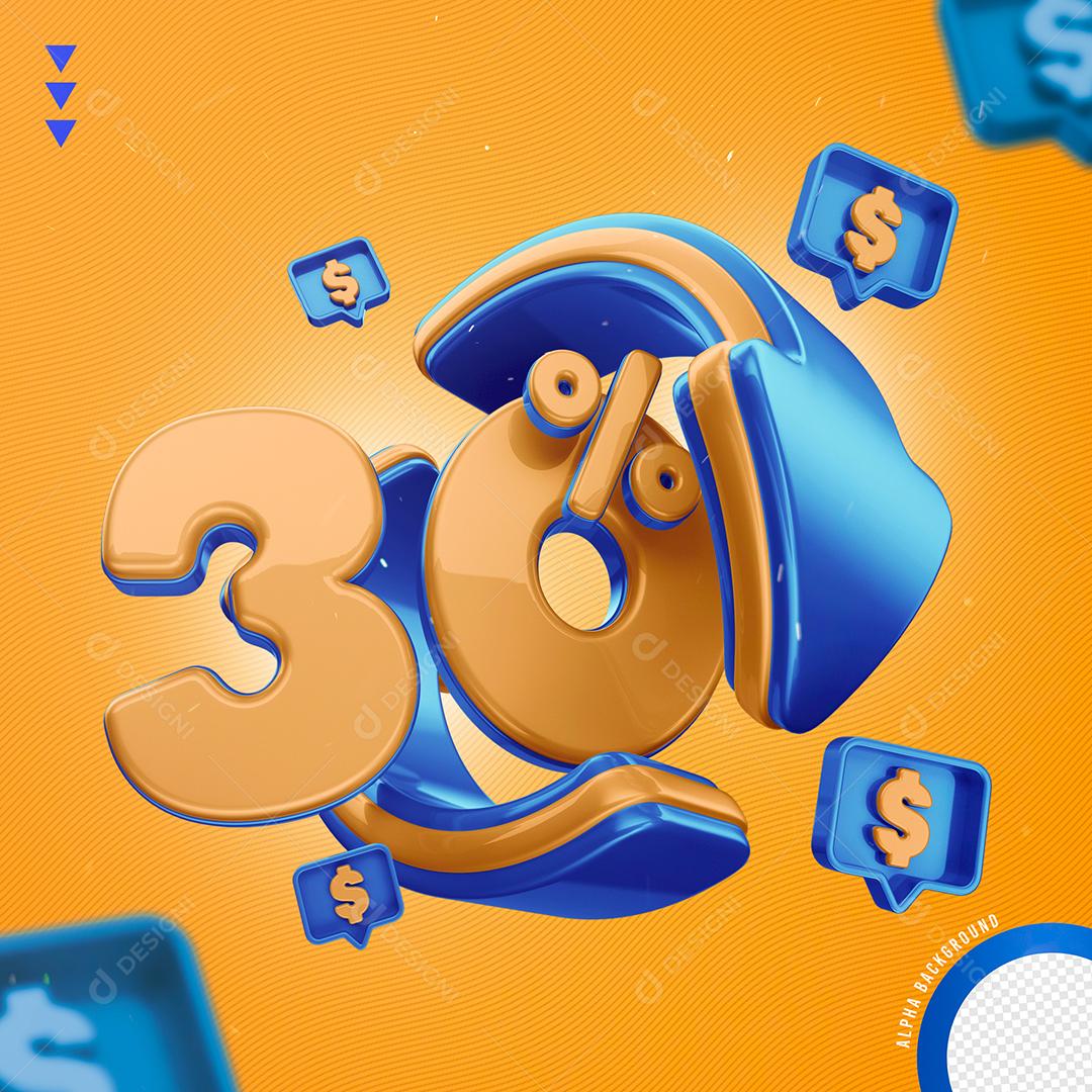 Elemento 3D 30% Por Cento Laranjado e Azul para Composição PNG Transparente Sem Fundo