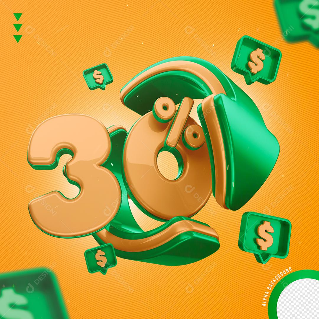 Elemento 3D 30% Por Cento Laranjado e Verde para Composição PNG Transparente Sem Fundo