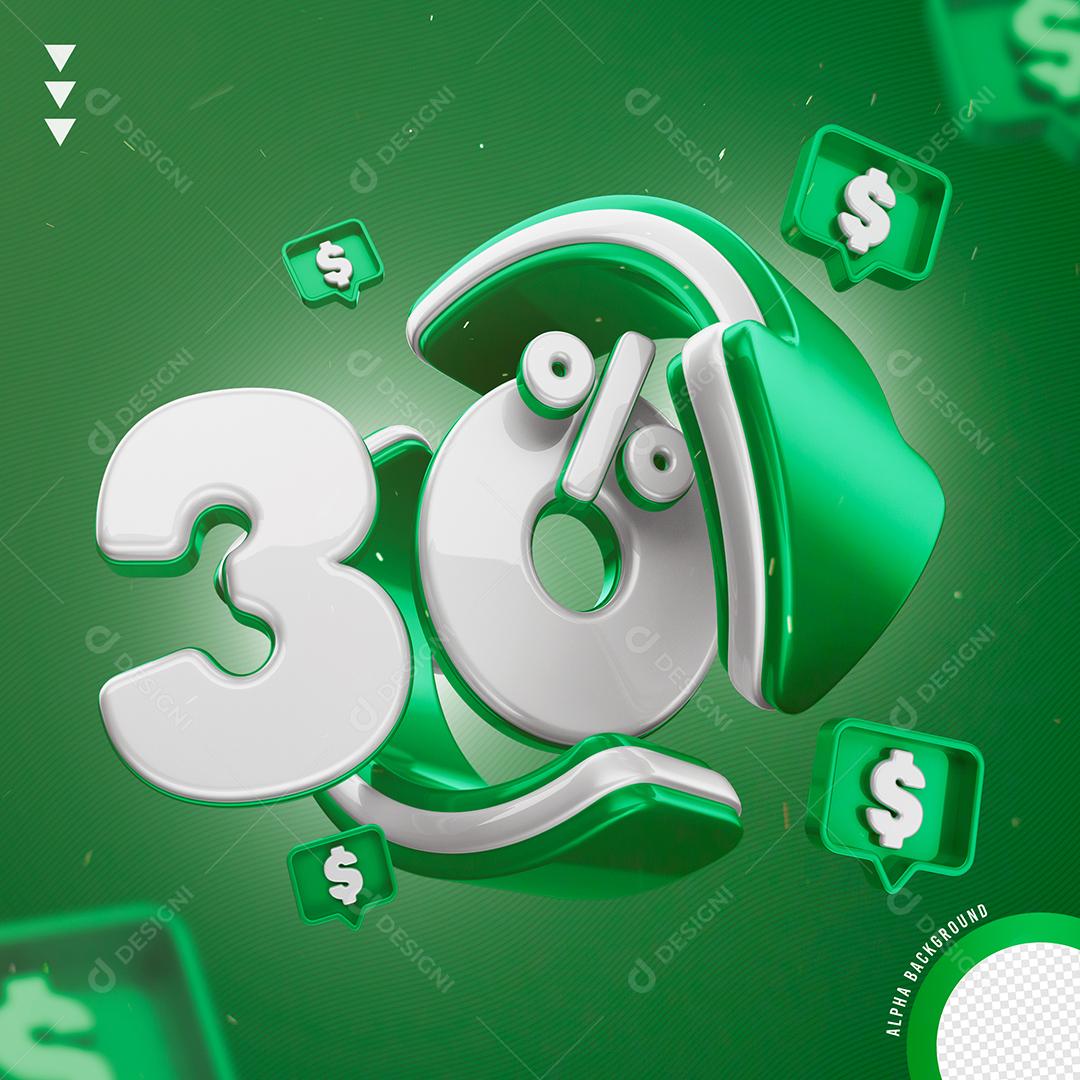 Elemento 3D 30% Por Cento Branco e Verde para Composição PNG Transparente Sem Fundo