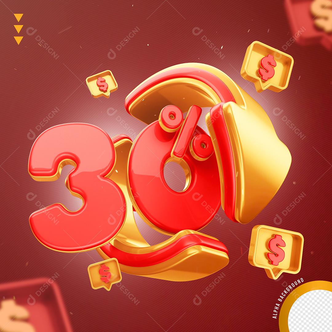 Elemento 3D 30% Por Cento Vermelho e Dourado para Composição PNG Transparente Sem Fundo