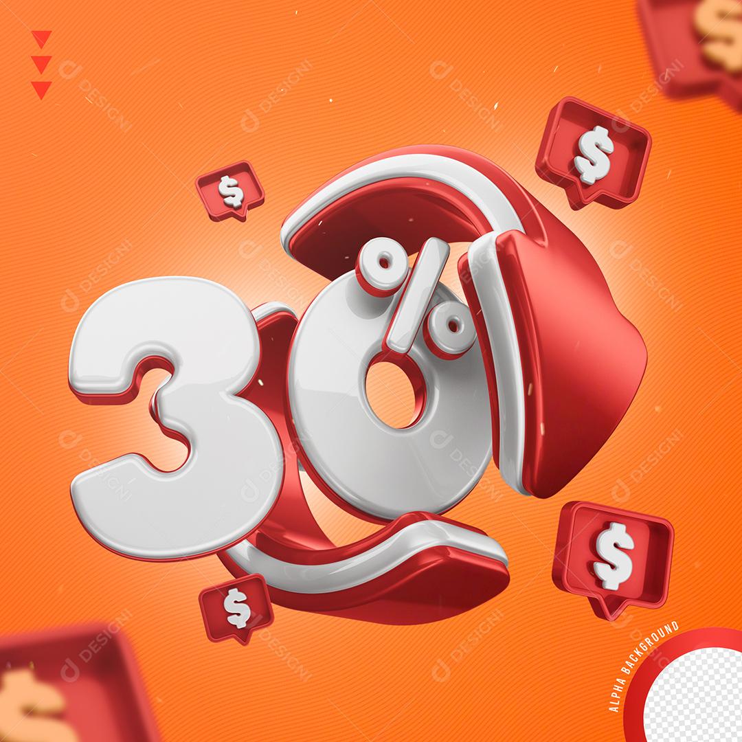 Elemento 3D 30% Por Cento Branco e Vermelho para Composição PNG Transparente Sem Fundo