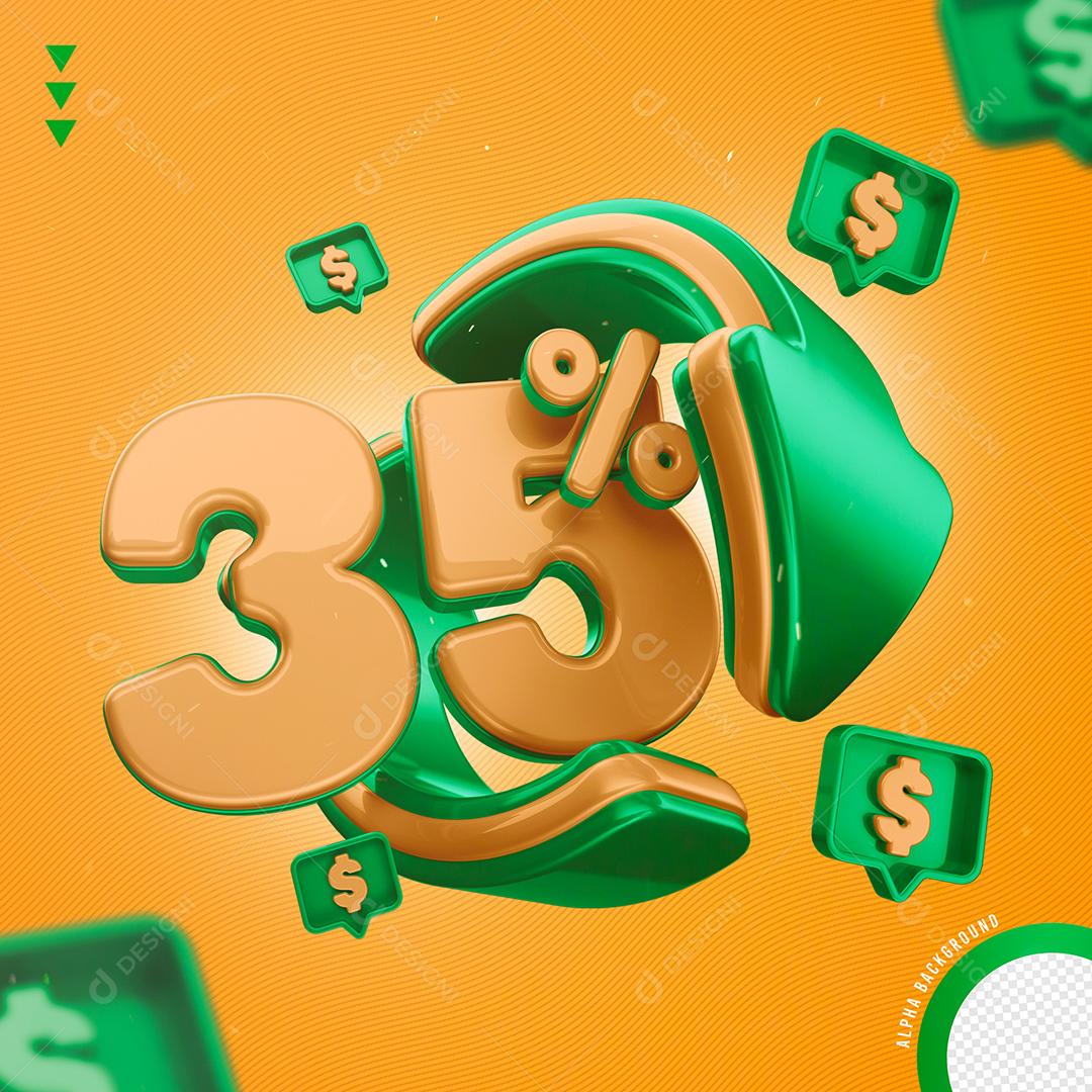 Elemento 3D 35% Por Cento Laranjado e Verde para Composição PNG Transparente Sem Fundo