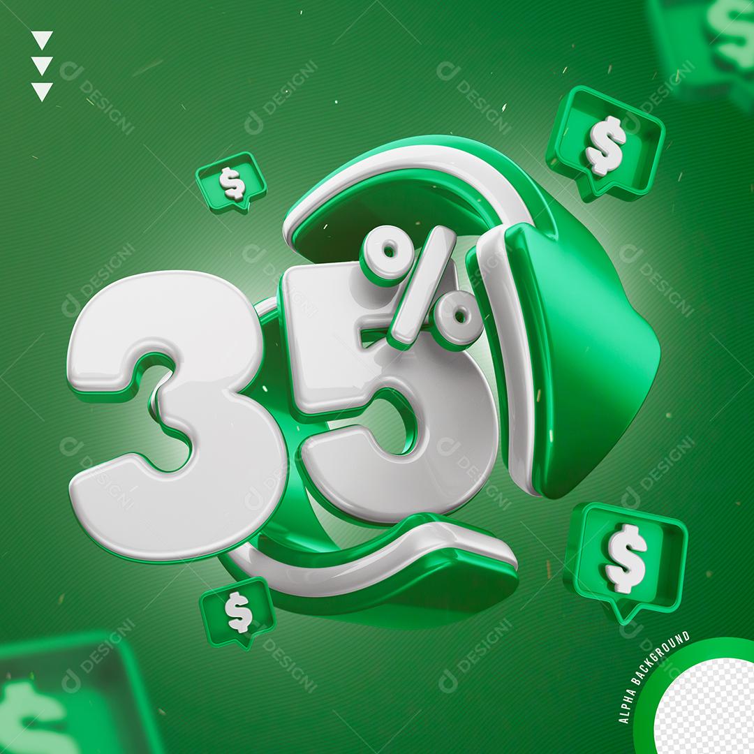 Elemento 3D 35% Por Cento Branco e Verde para Composição PNG Transparente Sem Fundo