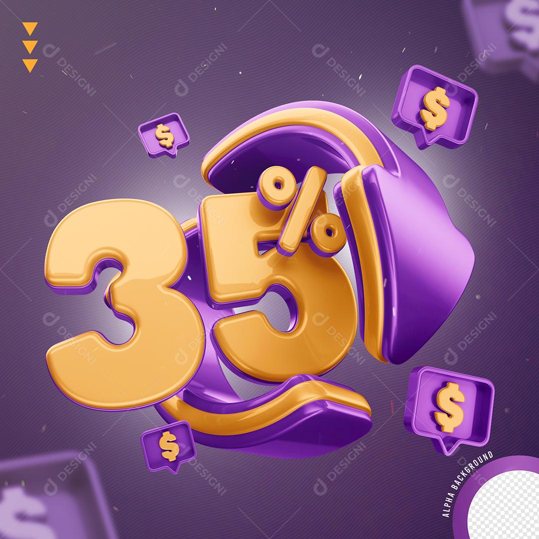 Elemento 3D 35% Por Cento Laranjado e Roxo para Composição PNG Transparente Sem Fundo