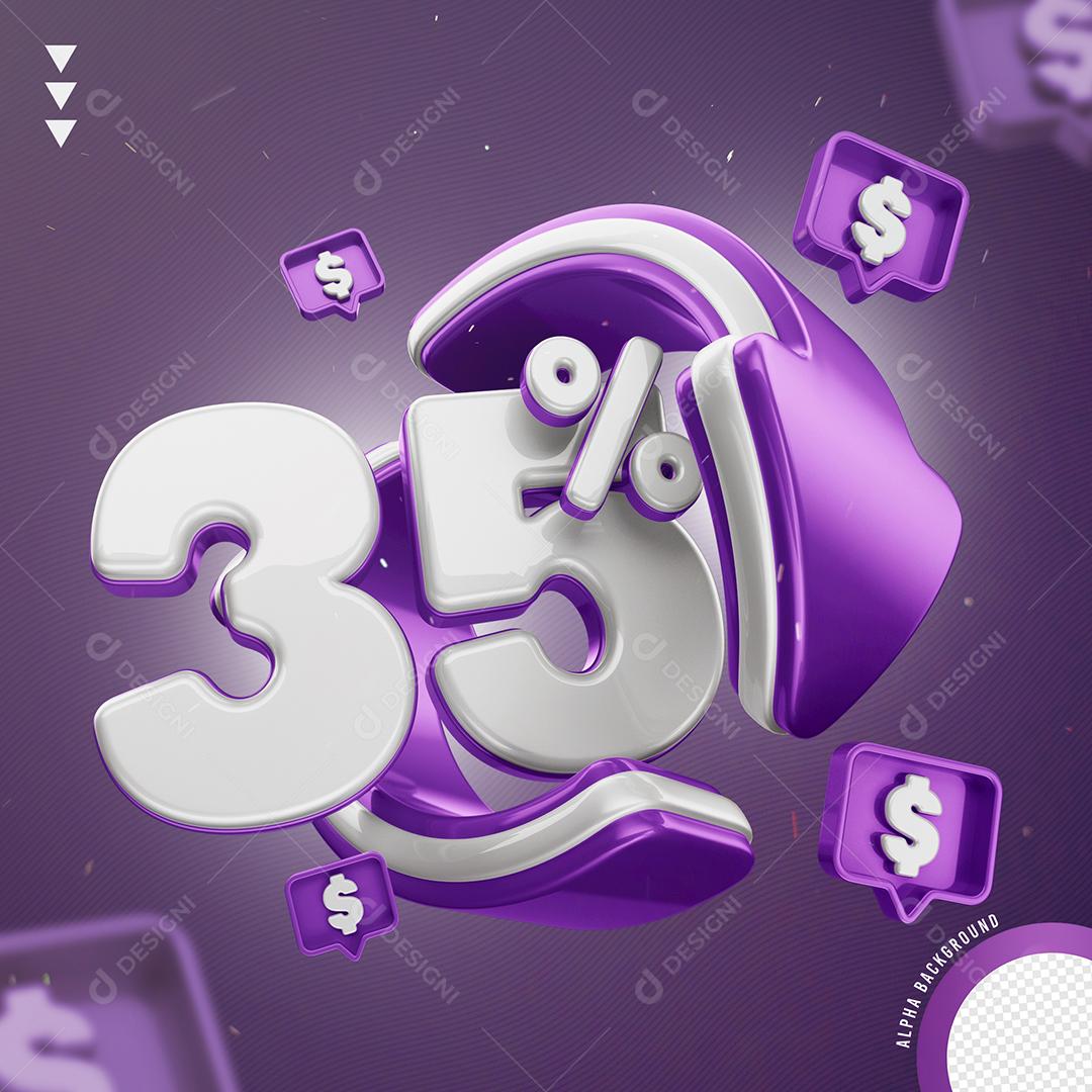 Elemento 3D 35% Por Cento Branco e Roxo para Composição PNG Transparente Sem Fundo