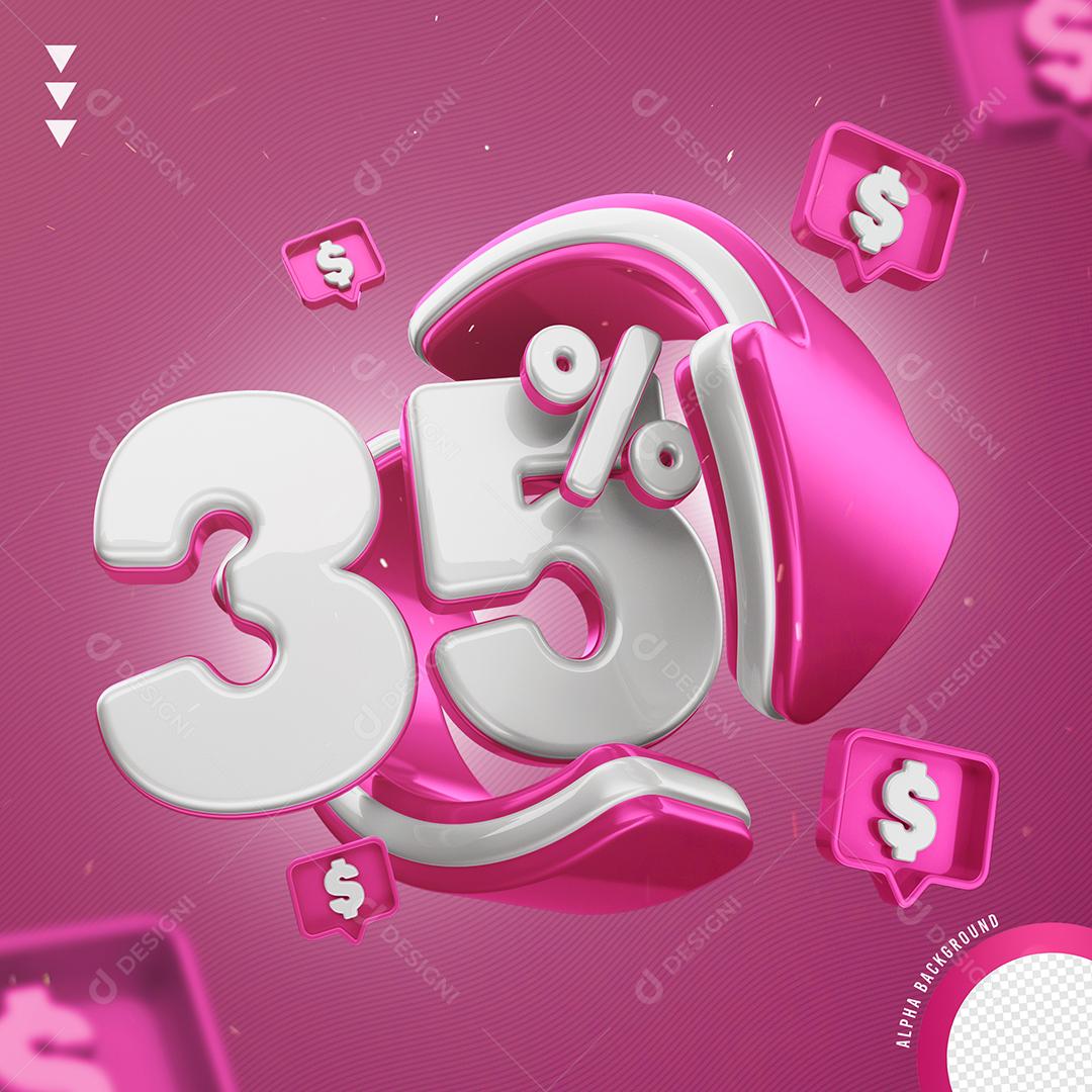Elemento 3D 35% Por Branco e Rosa para Composição PNG Transparente Sem Fundo