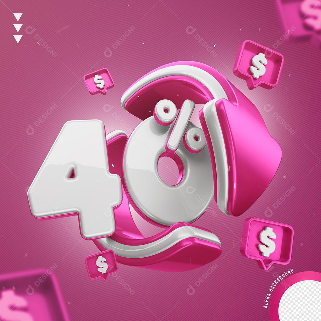 Elemento 3D 40% Por Cento Branco e Rosa para Composição PNG Transparente Sem Fundo