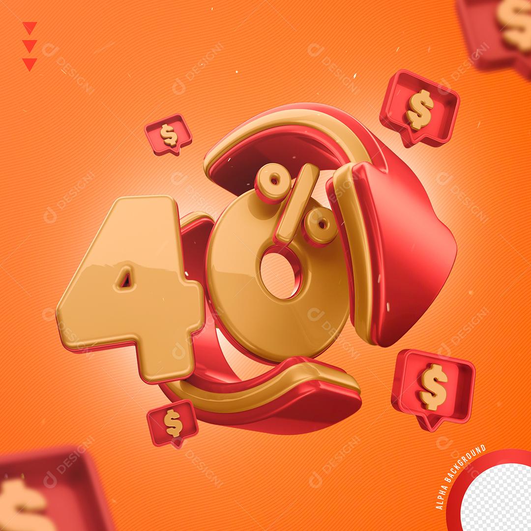 Elemento 3D 40% Por Cento Laranjado e Vermelho para Composição PNG Transparente Sem Fundo