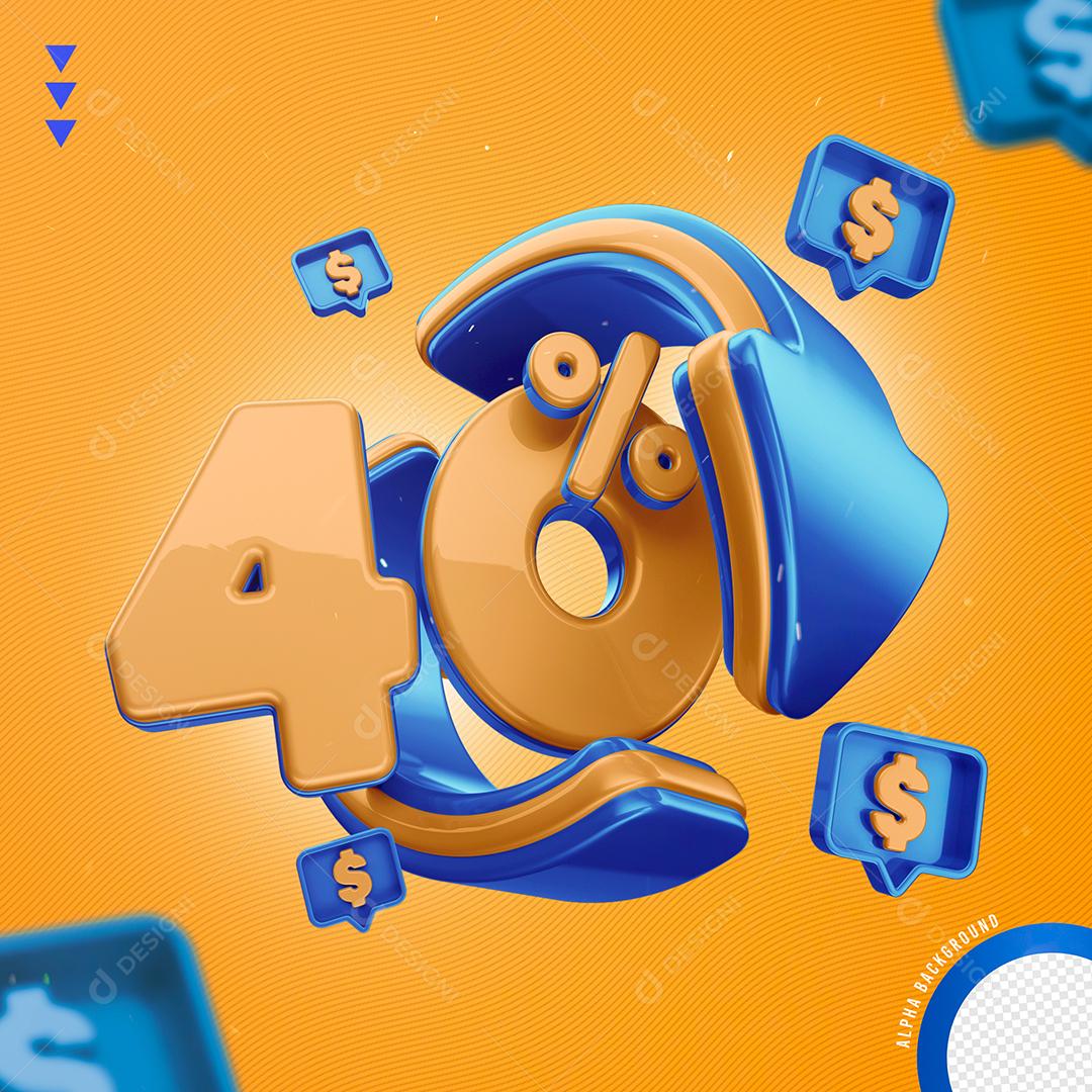 Elemento 3D 40% Por Cento Laranjado e Azul para Composição PNG Transparente Sem Fundo