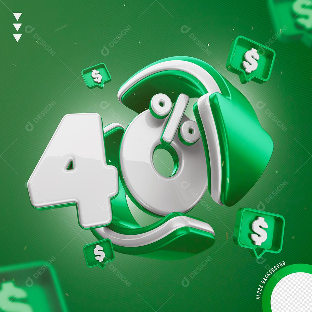 Elemento 3D 40% Por Cento Branco e Verde para Composição PNG Transparente Sem Fundo