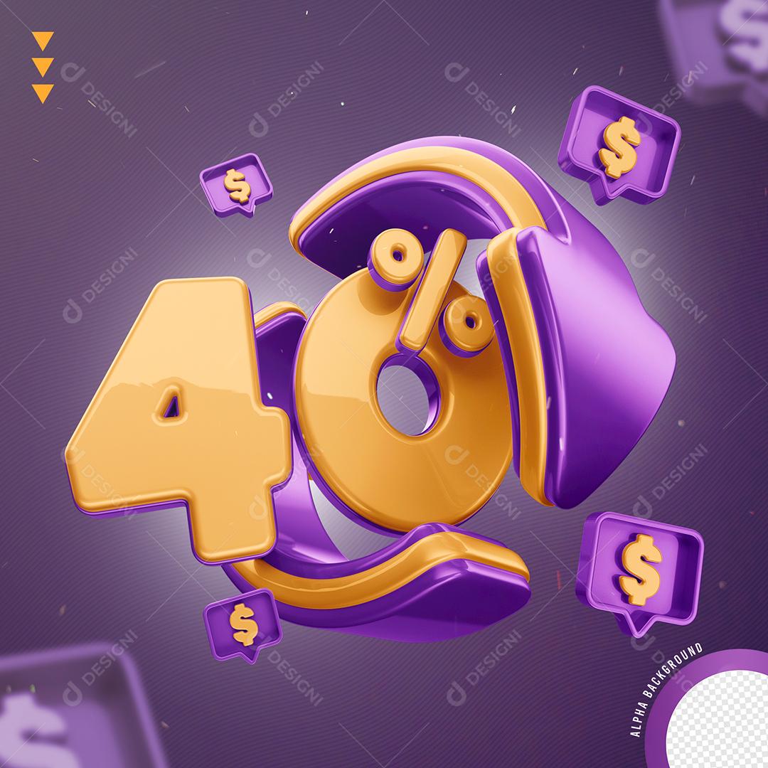 Elemento 3D 40% Por Cento Laranjado e Roxo para Composição PNG Transparente Sem Fundo